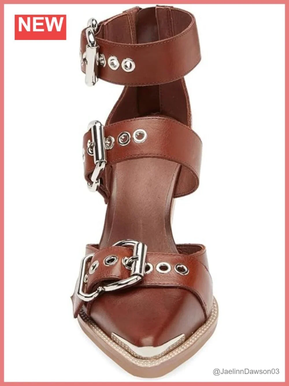 MAVMAX Chunky Heel PU Leather Western Strappy Pumps Pointed Toe Block Heel Shoes